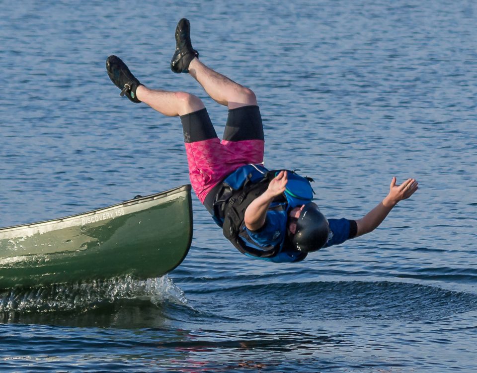 How Reliable is your Camera Brand? Man falling in water froma canoe.