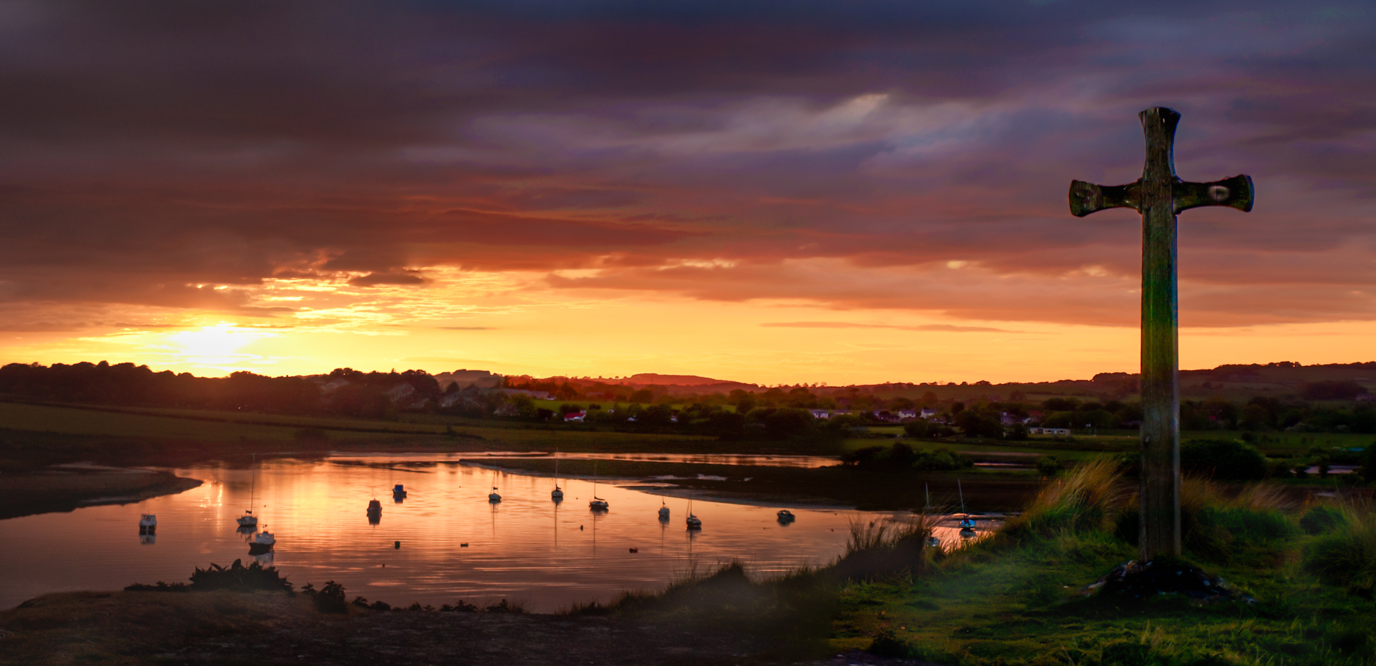 A panorama shot at cross hill at Alnmouth Northumberland, overlooking the village and the Aln estuary at sunset