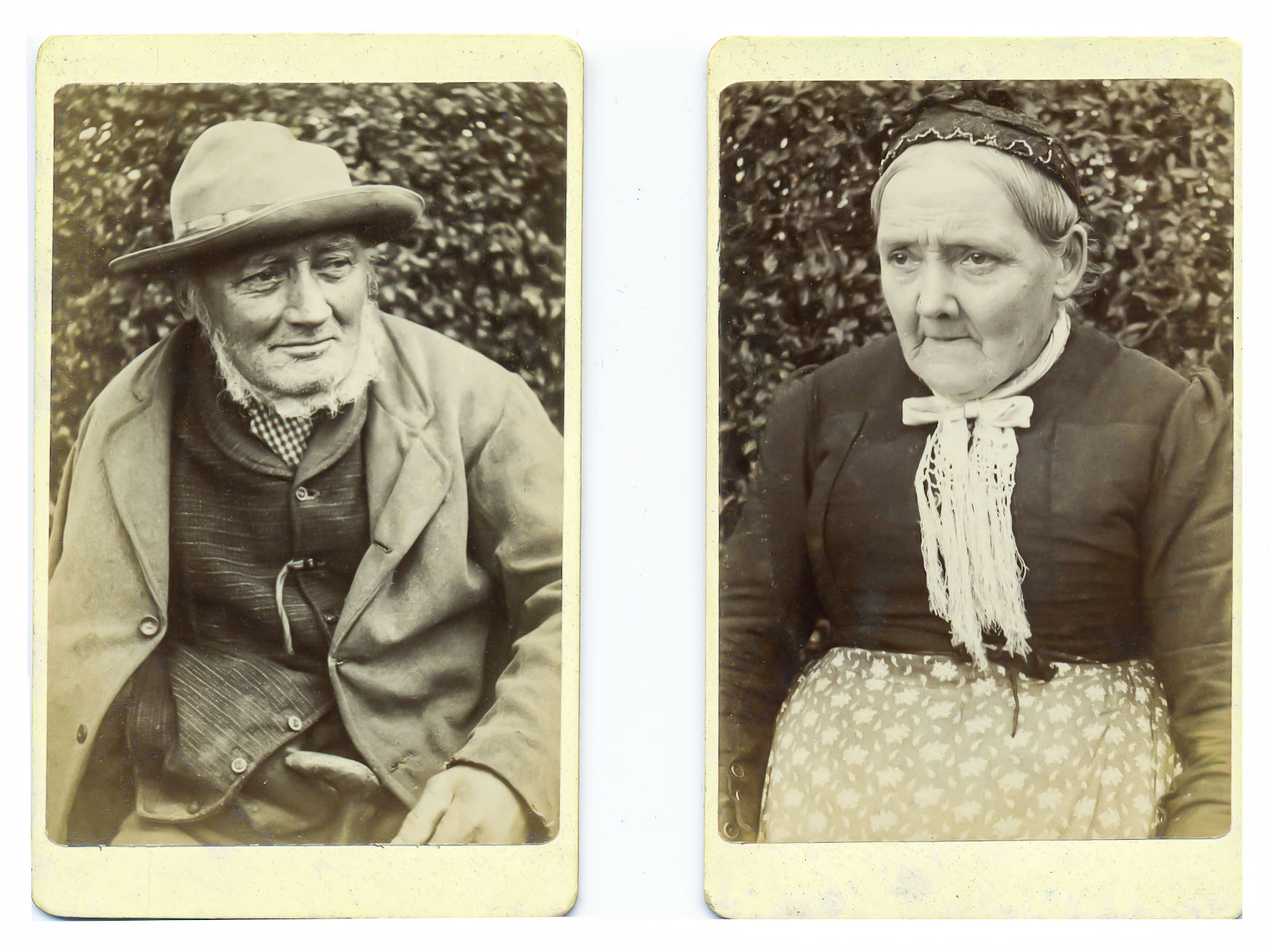 two old sepia portraits from the 1800s of am older man and a woman dressed in working clothes,