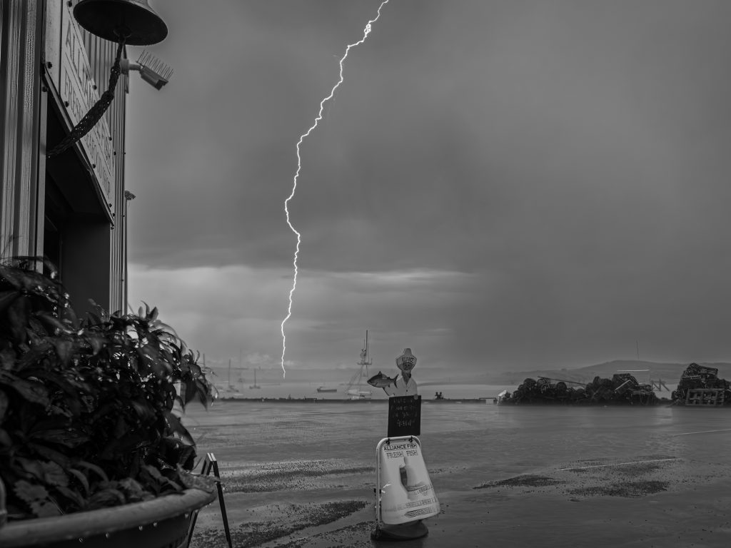 Shot using Live Composite feature of an OM System camera. Lightning streaks down from the sky in this black and white photo shot in a heavy rainstorm at Warkworth Harbour in Amble.
