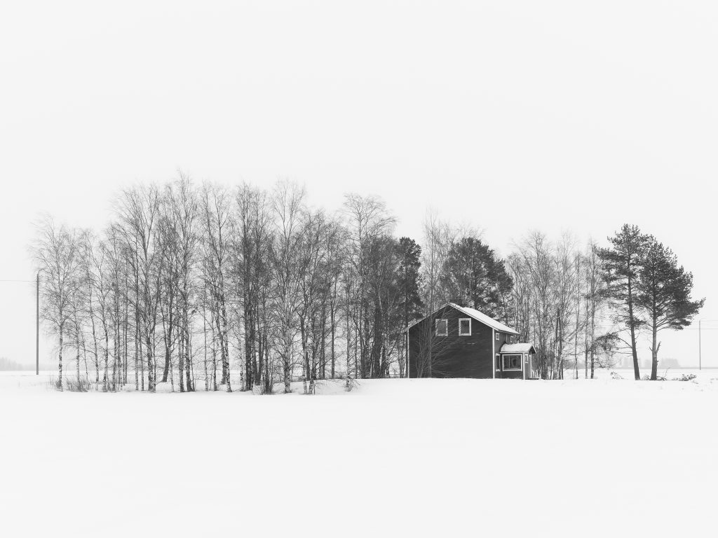 A black and white image of a cottage surrounded by trees in the snow. You can learn black and white photography on Ivor Rackham's Northumberland Photography Workshops.